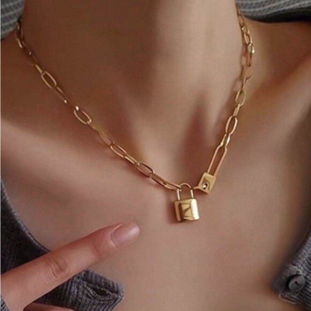 18k Gold Filled Paperclip Chain Lock Pendant Necklace